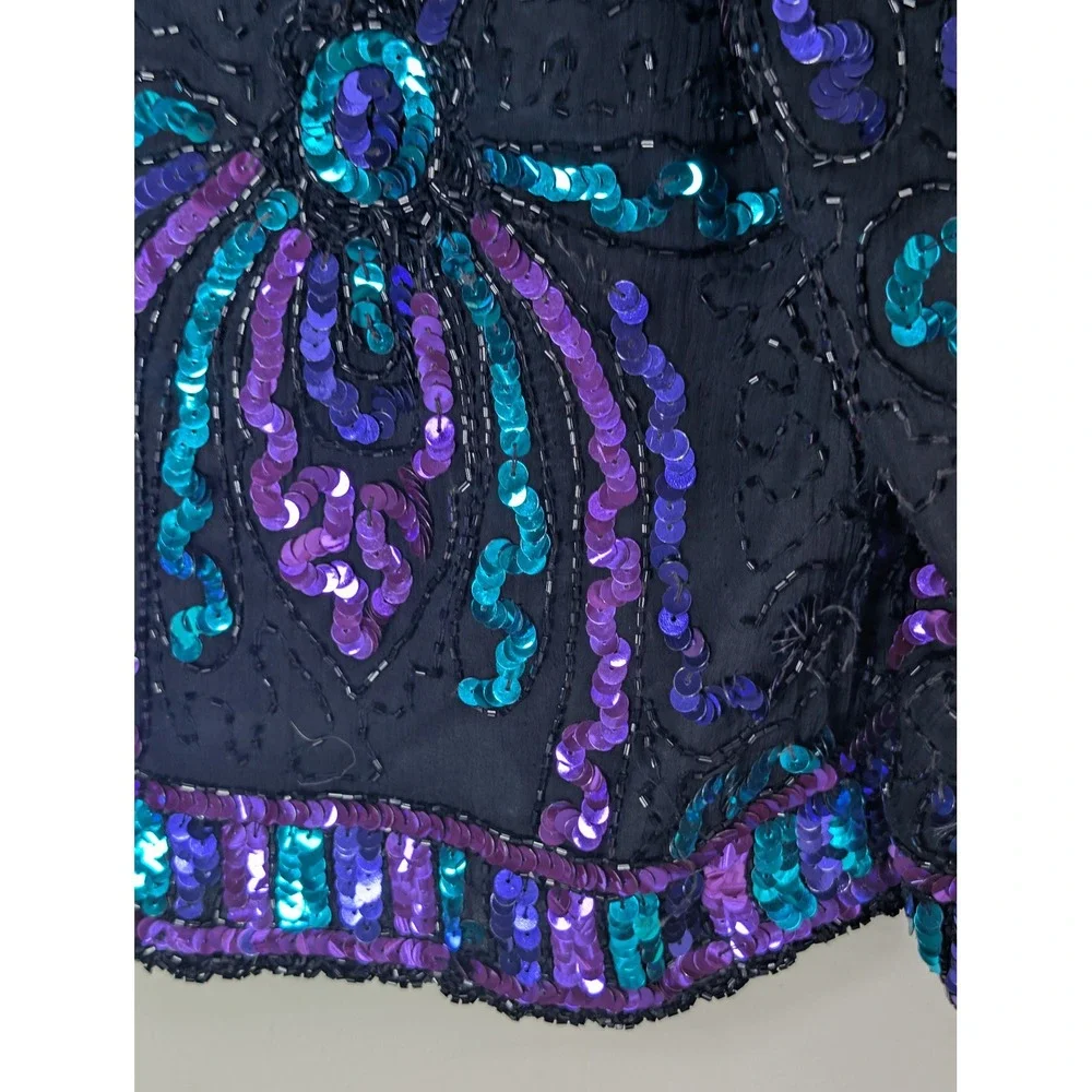 Laurence Kazar Vintage Sequin Beaded Jacket Purple Teal Black Open‎ Front Blazer